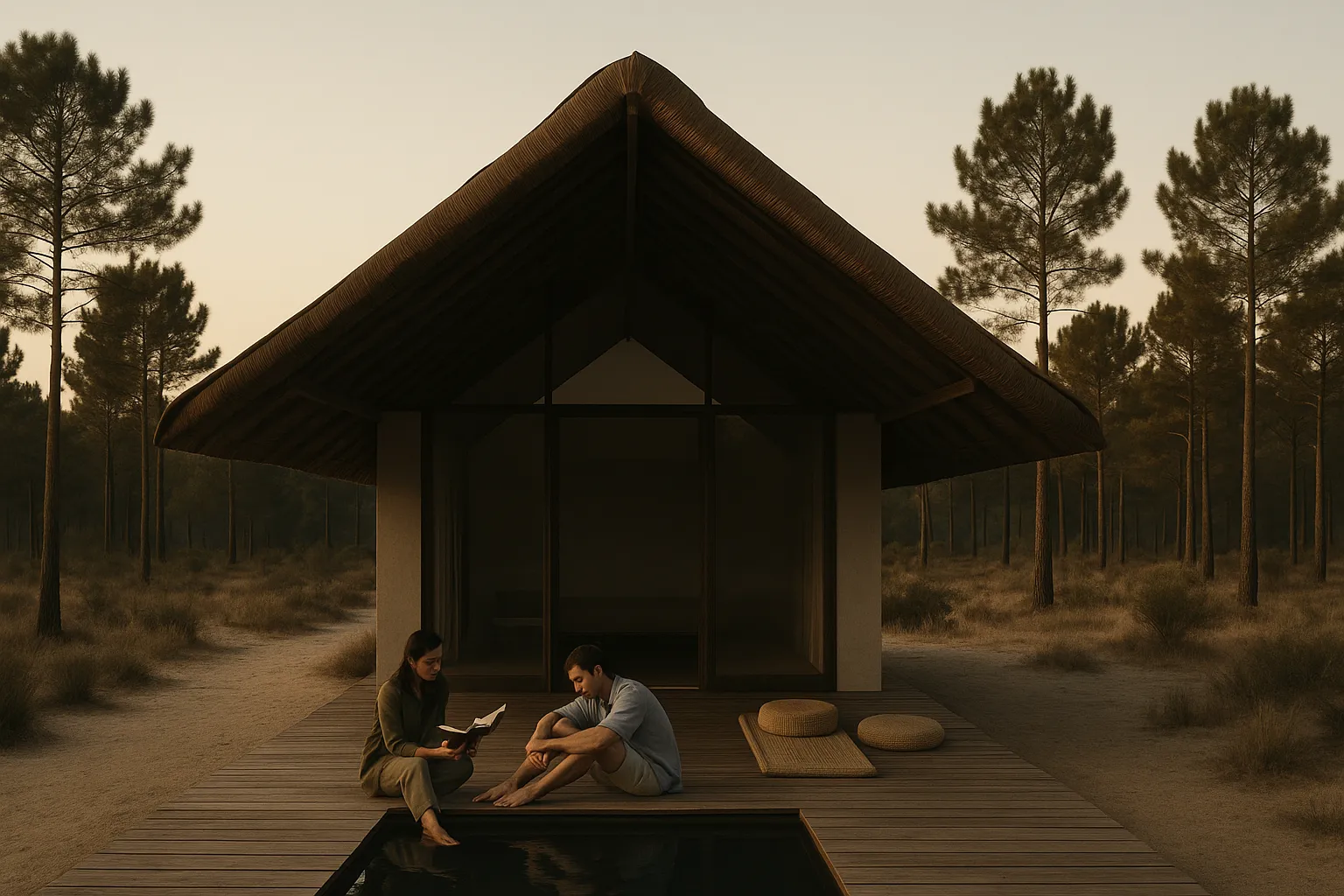 Thatched cabin among the pine trees