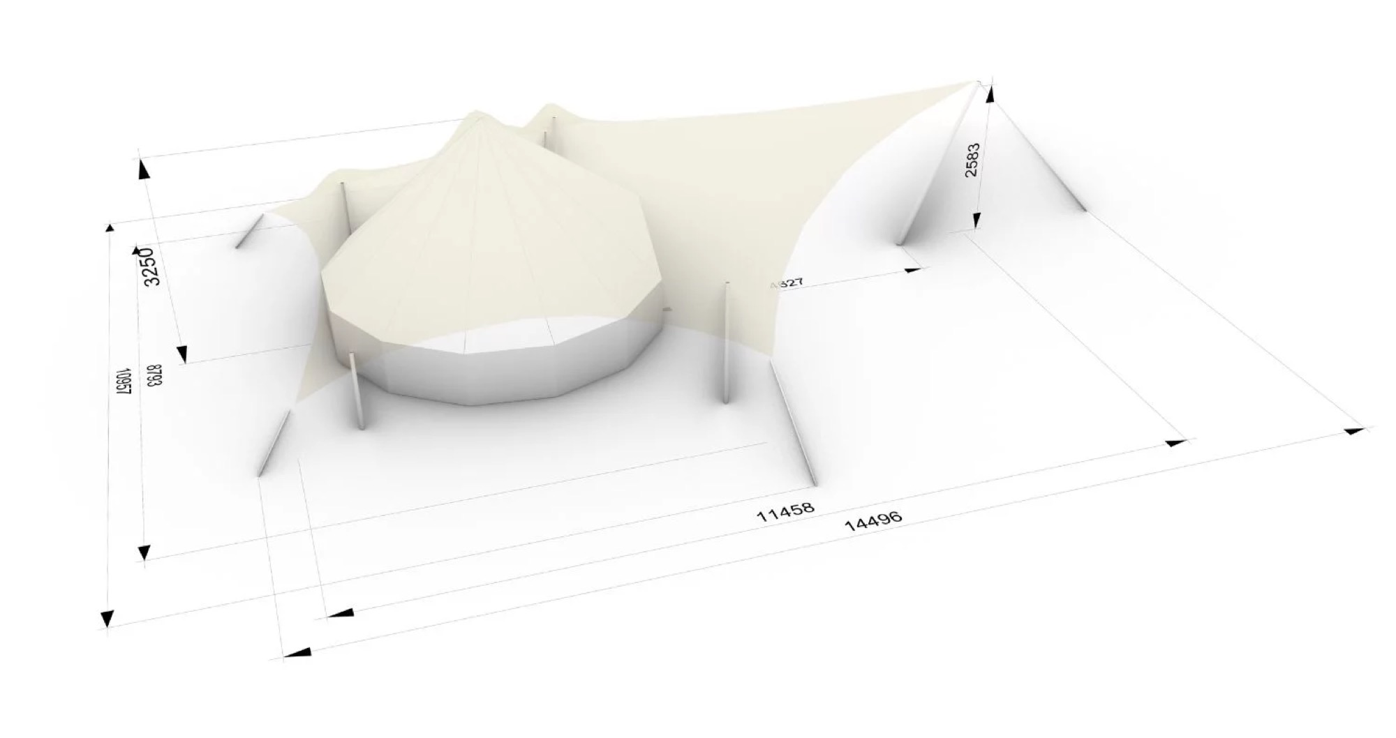 Bell tent with shade cover, dimensioned