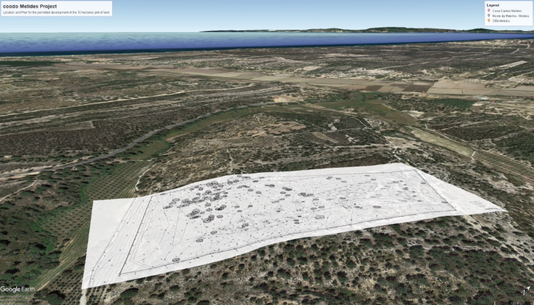 The ten-hectare parcel from above with the approved layout overlaid